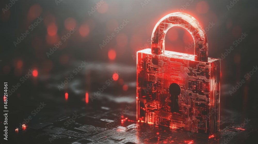 Poster lock with circuit pattern. concept of data security and cybersecurity