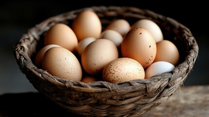 A handwoven basket filled with eggs