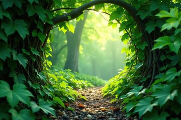 Fototapeta premium Thick vines, vibrant emerald leaves, dappled light, wilderness, leaves