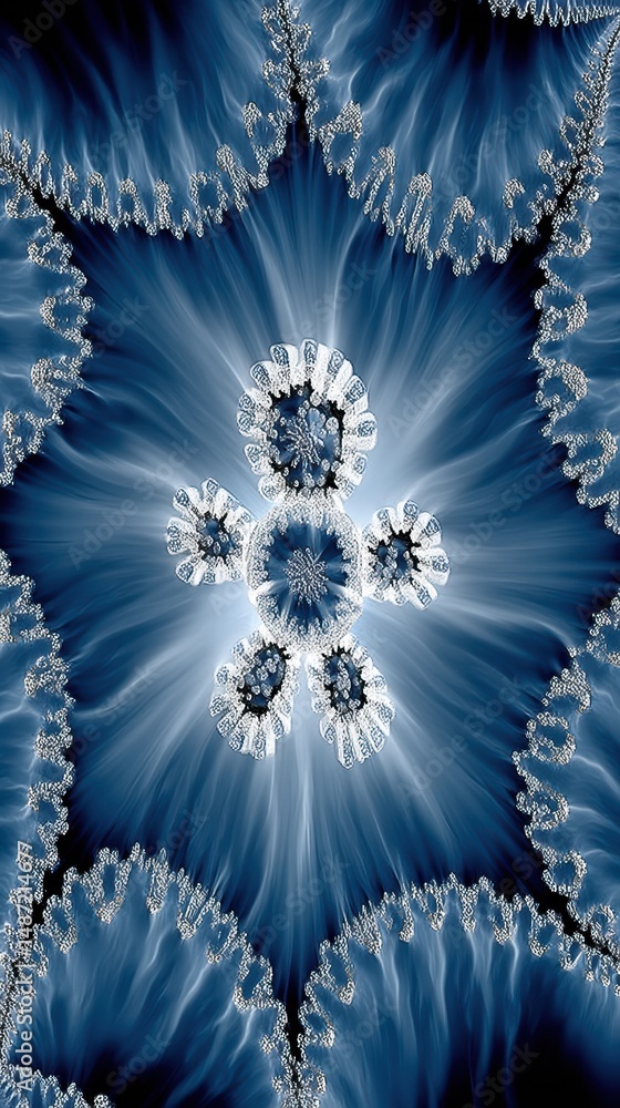Poster abstract fractal design in blue tones featuring intricate patterns and luminous textures radiating o