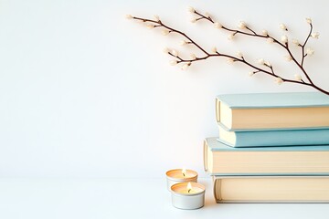 Muted pastel-colored books and candles with a delicate branch.