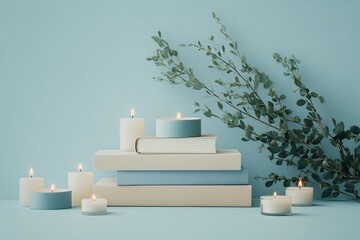 Soft blue and cream candles on stacked books with eucalyptus.
