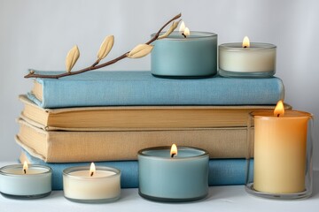 Stacked books with candles and a twig create a peaceful scene.