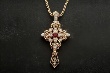 Renaissance-style ruby and diamond cross pendant with yellow gold filigree work and ornate details, dramatic side lighting blur.