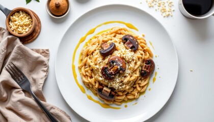 Delicious creamy mushroom risotto dish served on white plate with garlic bread and wine in the background for gourmet meal presentation