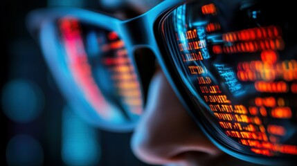 Software, coding hologram and woman in data analytics, information technology and gdpr overlay. Programmer or IT person in glasses reading script, programming and cybersecurity research on computer