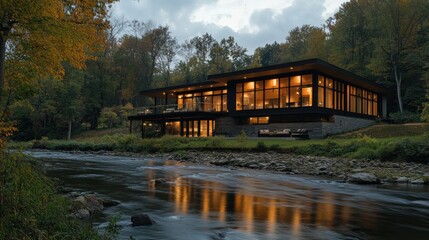 Modern house by a river at twilight, showcasing large windows and a contemporary design.