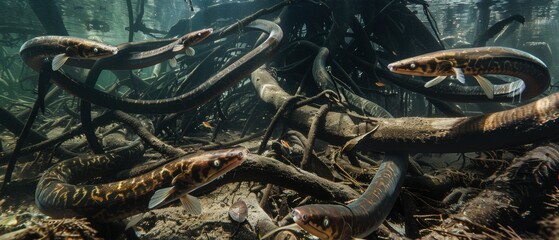 Fototapeta premium Sinuous river eels glide among submerged roots, their bodies detailed in murky water under blurred, filtered light while small fish dart around.
