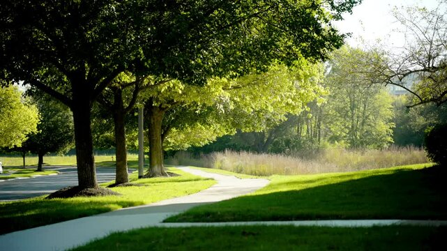 Beautiful trees line in suburb district near the lake. Steady camera shoot.