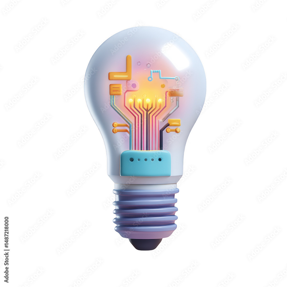 Poster innovative light bulb design featuring circuit board pattern and colorful neon lights for creative t