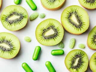 Fototapeta premium Fresh kiwi slices and green supplements arranged on a white background.