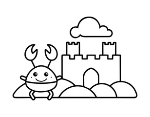 Beach Fun with Sandcastle & Cute Cartoon Crab | Playful Summer Line Art Coloring Pages
