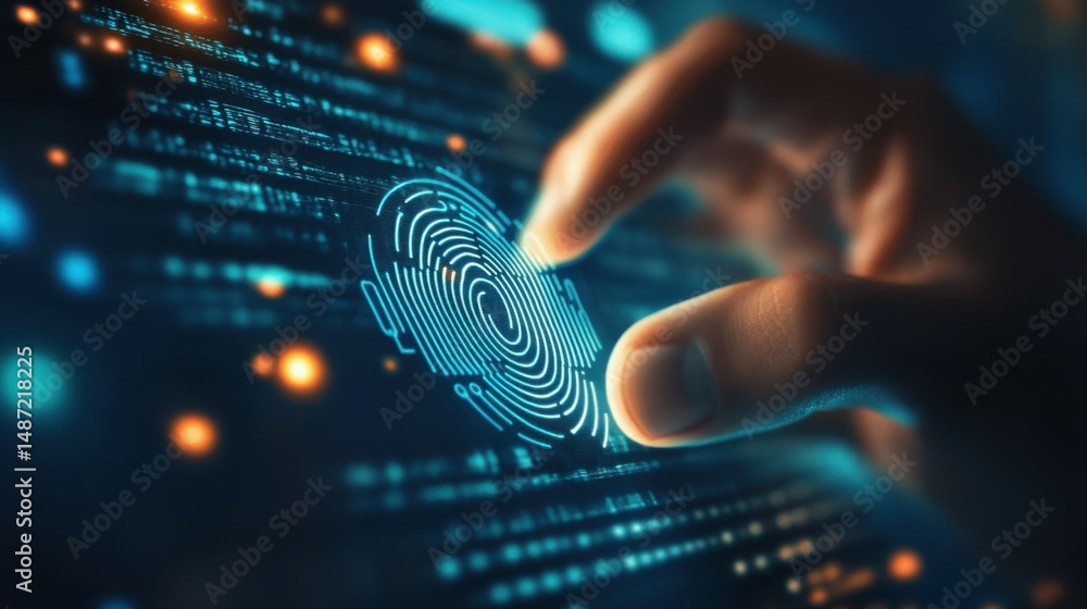 Poster digital technology, internet network and cybersecurity of data center. data engineer using fingerpri