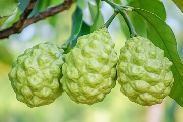 Fototapeta premium Karma or rounded lime fruits on a tree in a garden background with copy space, green banner for text, close-up. Tangible fruit of a curved lime plant on a nature background. Calamansi fruit on a branc