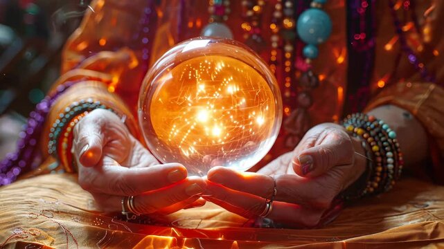Crystal Ball Gaze: A mystical scene unfolds as hands tenderly cradle a glowing crystal ball, hinting at future possibilities with its mesmerizing glow and reflective surface. 