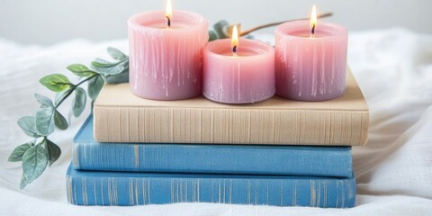 Three candles resting atop stacked books.