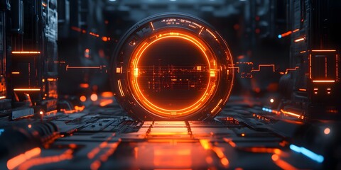 Futuristic portal through technological structures.