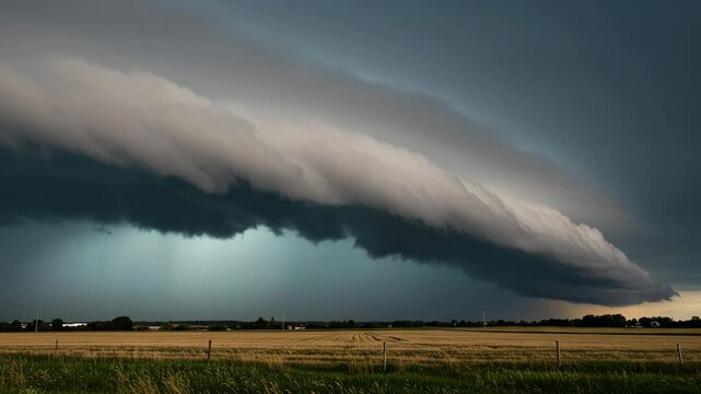 Dark storm clouds rolling over a flat landscape during twilight  