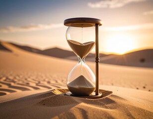 Hourglass Buried Partially in Desert Sand, Time Trickling Slowly, Sand escaping slowly