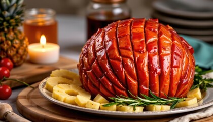 Perfectly roasted glazed ham served with pine slices on a wooden platter with festive decorations and candles in the background for a holiday dinner