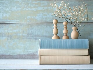 Light-toned books and decorative wooden pieces on a weathered surface.