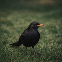 Fototapeta premium A blackbird standing on grass, minimal background