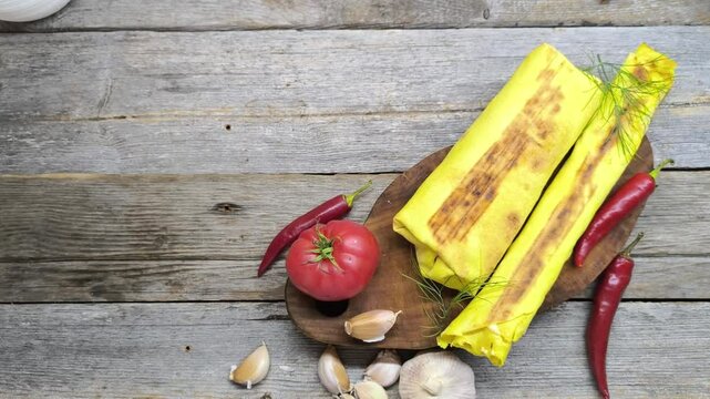 The most delicious cheese shawarma on a cutting board, tomatoes, peppers and cloves of garlic lie nearby