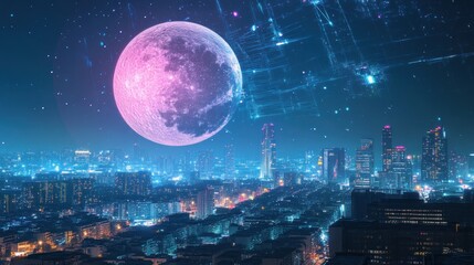 Futuristic city at night with a large pink moon and digital network overlay.