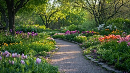 Obraz premium A winding garden path adorned with blooming colorful flowers