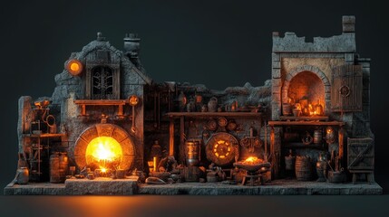 Medieval forge; glowing fires, stone structure, tools.