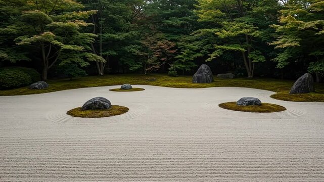 Zen garden with raked gravel and moss-covered rocks in nature  