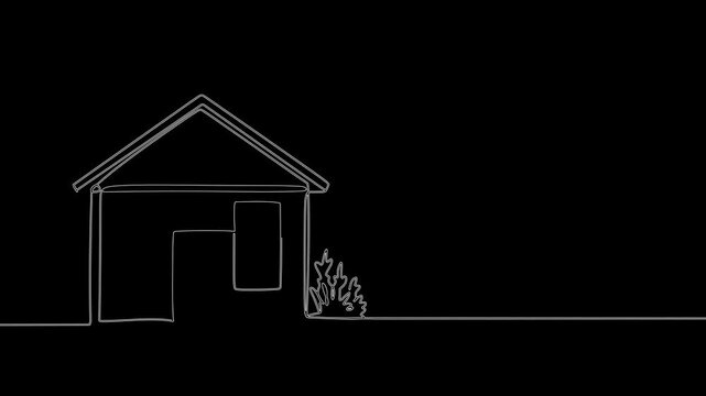 Minimalist line drawing of a house with shrub on black background  