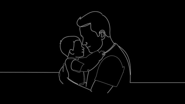 Father holding and embracing young child in simple line art  