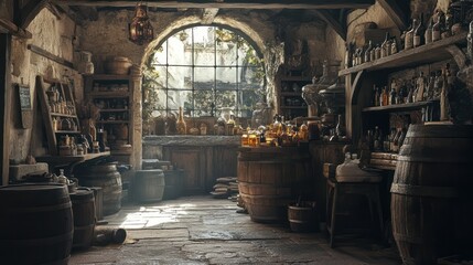 Eerie vintage cellar with rustic charm, brimming with aged bottles and ancient relics
