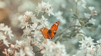 Orange butterfly landing on white flowers, garden, blurred background, spring