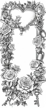 Romantic heart archway with climbing roses, detailed keys and locks for coloring grain, a secret garden entrance.