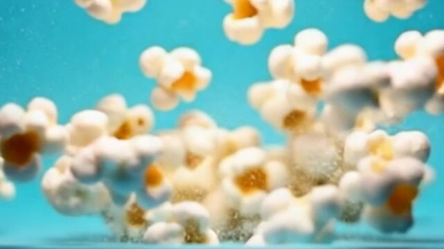 Super slow motion popcorn takes off on a blue background. Filmed on a high-speed camera at 1000 fps. High quality FullHD footage