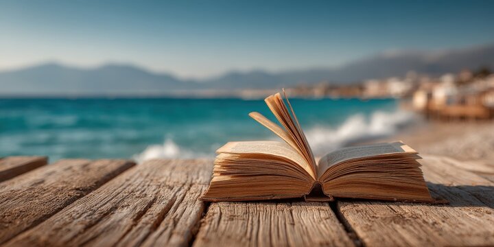 Open Book by the Seaside: A tranquil moment captured: an open book resting on weathered wooden planks, inviting the reader to escape amidst the serene backdrop of the ocean. Ai image