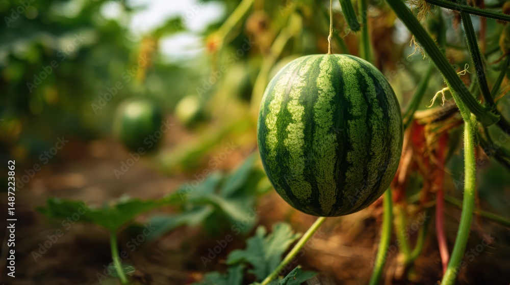 Aufkleber a close up shot of a freshly grown watermelon hanging from its vine at a farm with a shallow depth o