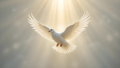 Fototapeta premium White Dove with Divine Light, Symbol of the Holy Spirit - A white dove flying under heavenly light