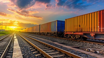 Fototapeta premium Train Carrying Containers Along Railroad Tracks During Sunset with Golden Sky