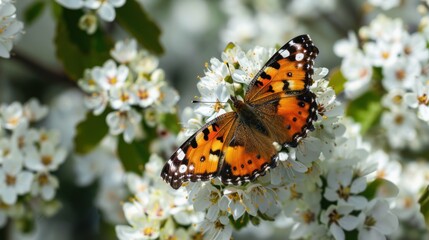 Obraz premium Butterfly pollinating white blossoms in spring garden