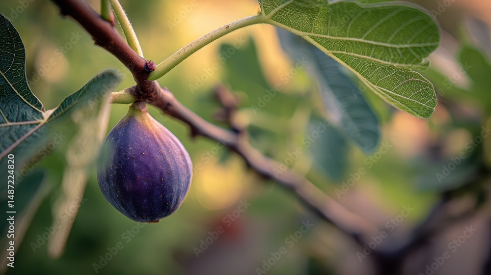 Aufkleber close up view of a ripe purple fig fruit hanging from a tree branch in the natural environment with 