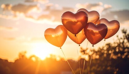 Fototapeta premium A warm atmosphere with translucent heart-shaped balloons floating in the sky