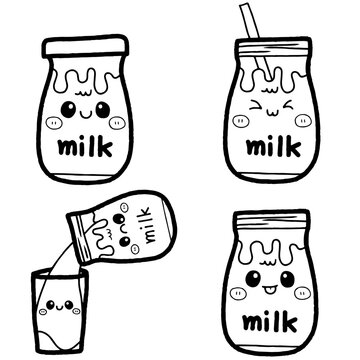 Cute Milk Bottle Cartoon Character Set Hand Drawn Outline