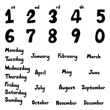 English Date Day and Month Hand Drawn Black Color
