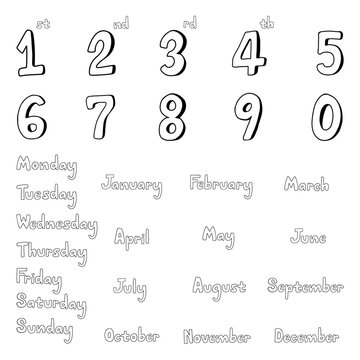 English Date Day and Month Hand Drawn Outline