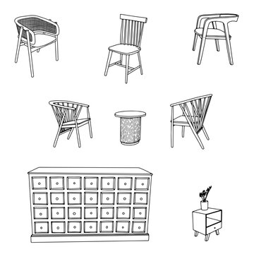 Armchair and Table Vintage Furniture Hand Drawn Outline