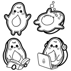 Cute Avocado Cartoon Character Set Hand Drawn Outline