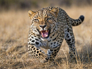 Fototapeta premium A dynamic full-body action shot of a leopard mid-sprint